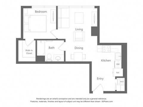 Floor plan for 1 bed, 1 bath, 626 sqft